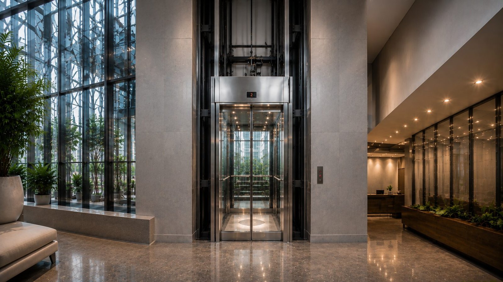 Glass passenger elevator in a modern lobby
