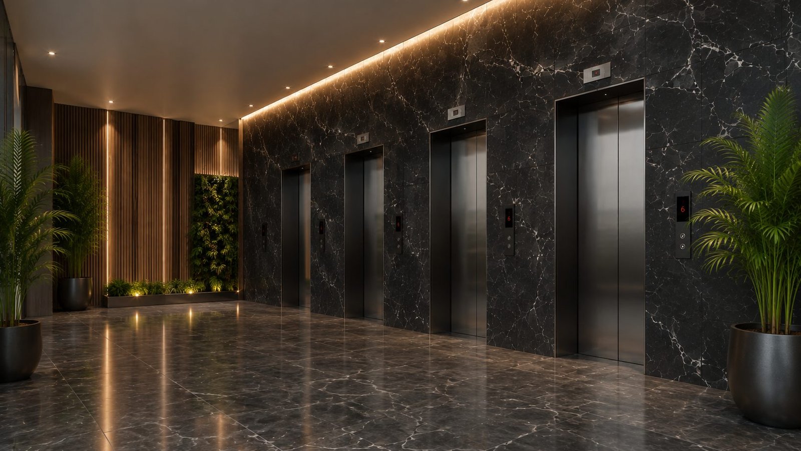 Elevator lobby with dark marble walls and warm lighting