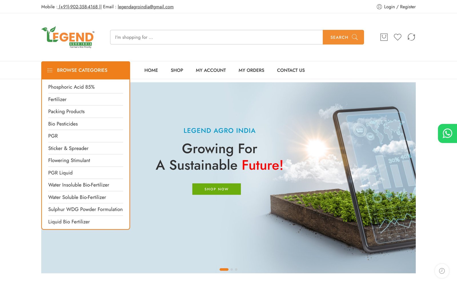 Legend Agro India home page with the slide Growing For A Sustainable Future