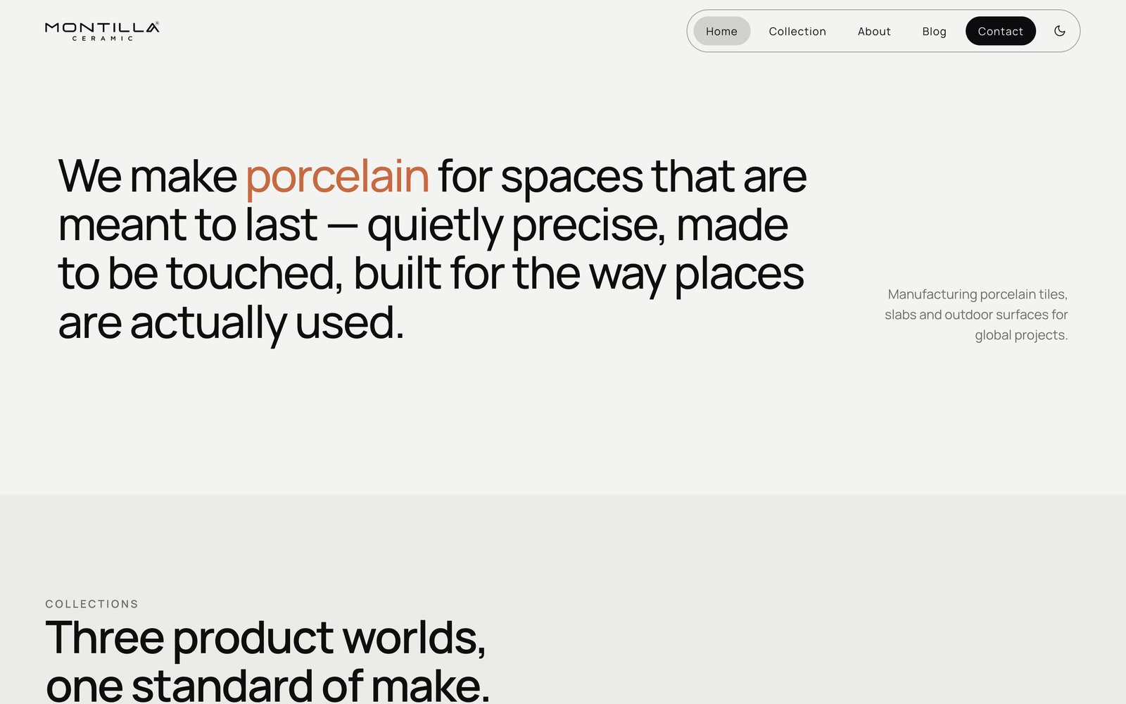 Statement section reading We make porcelain for spaces that are meant to last