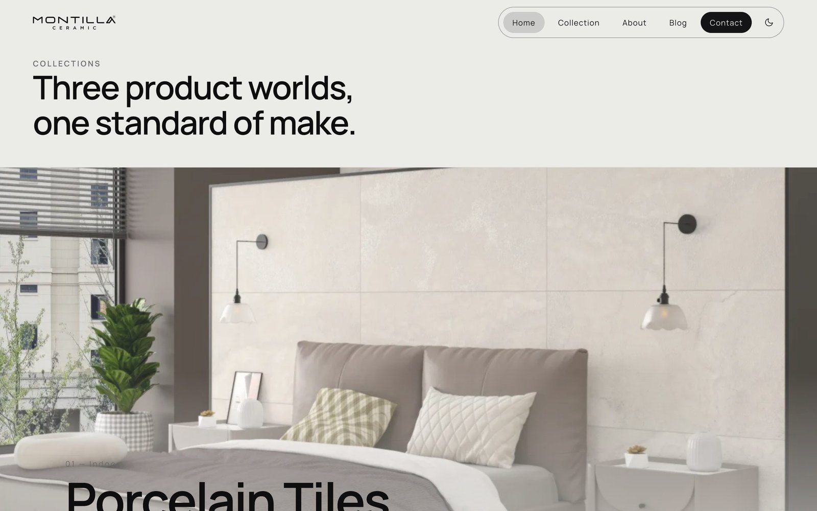 Collections section introducing Porcelain Tiles as the first of three product worlds
