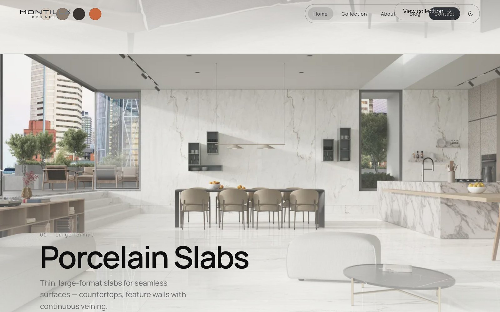 Porcelain Slabs section showing a kitchen with continuous marble veining