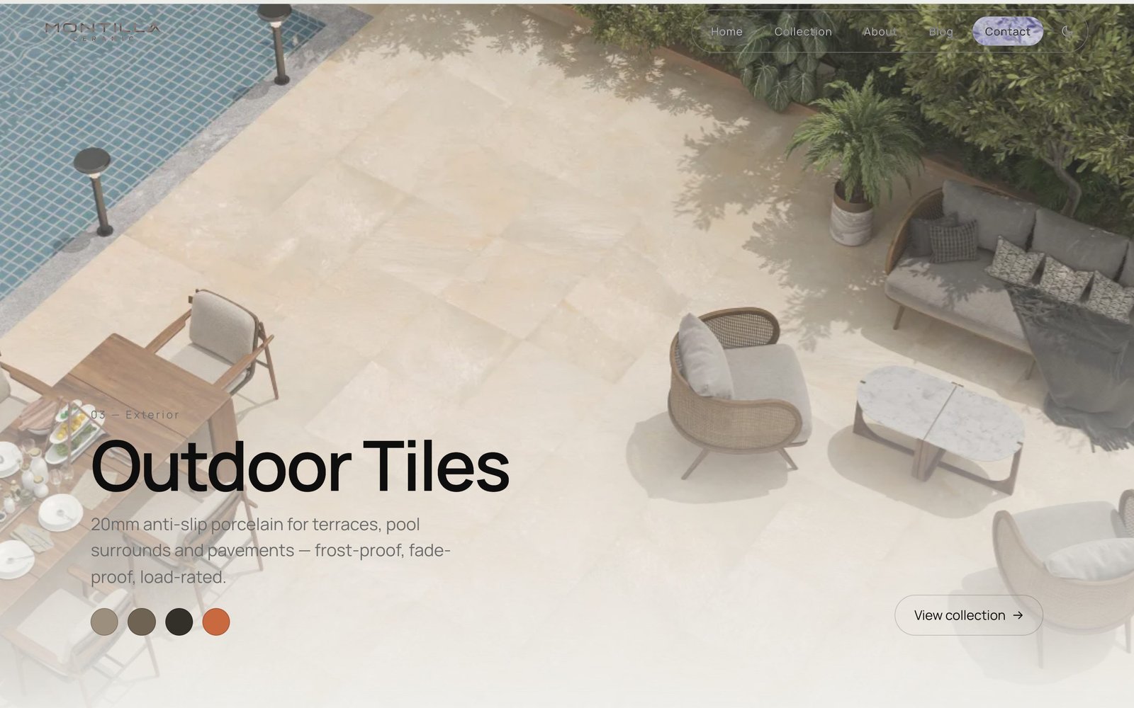 Outdoor Tiles section showing 20mm anti-slip porcelain around a pool