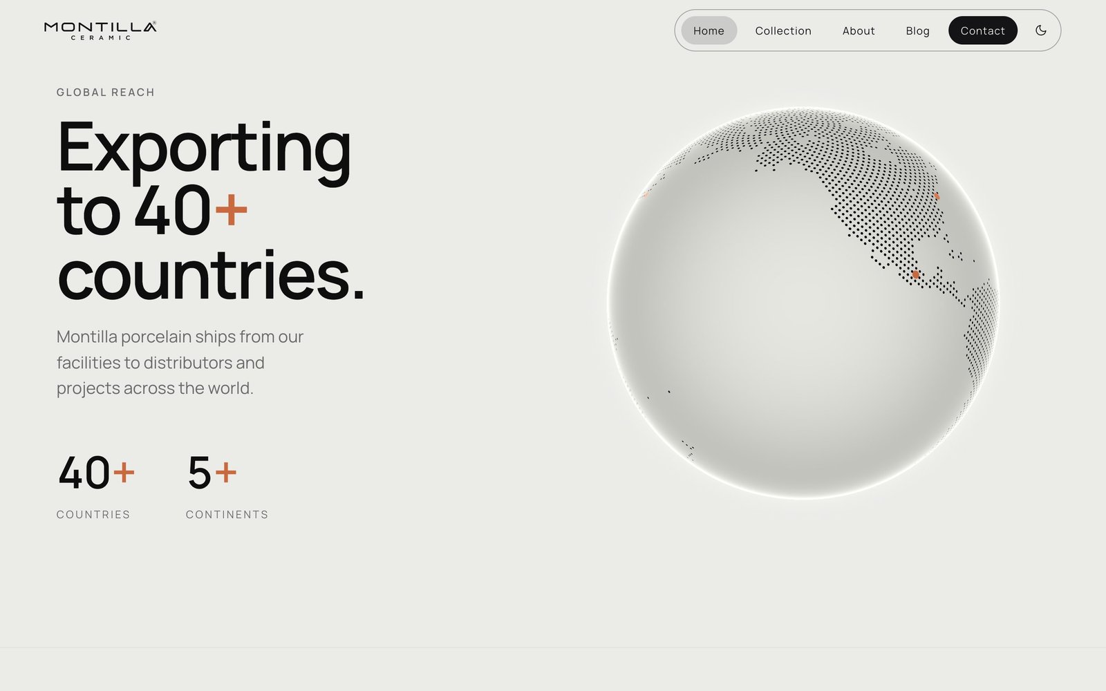 Global reach section with a dotted globe and the line Exporting to 40+ countries