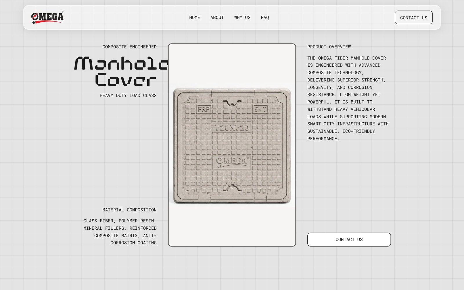 Product overview section with a composite manhole cover and its material composition