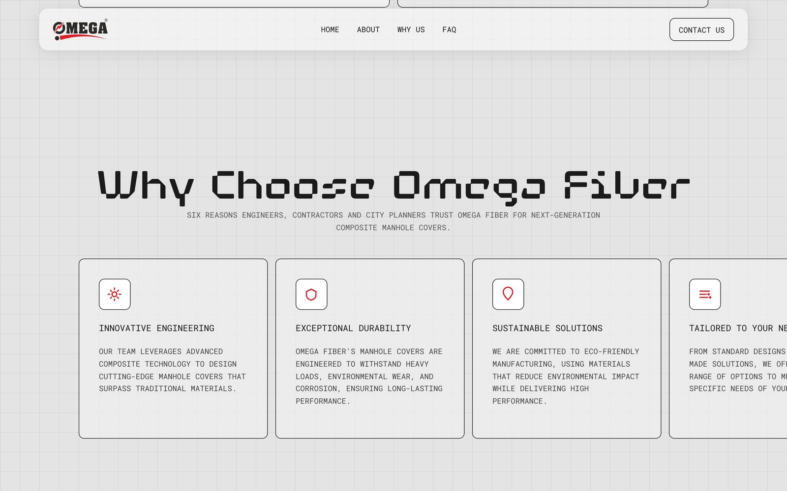 Why Choose Omega Fiber section with six reason cards