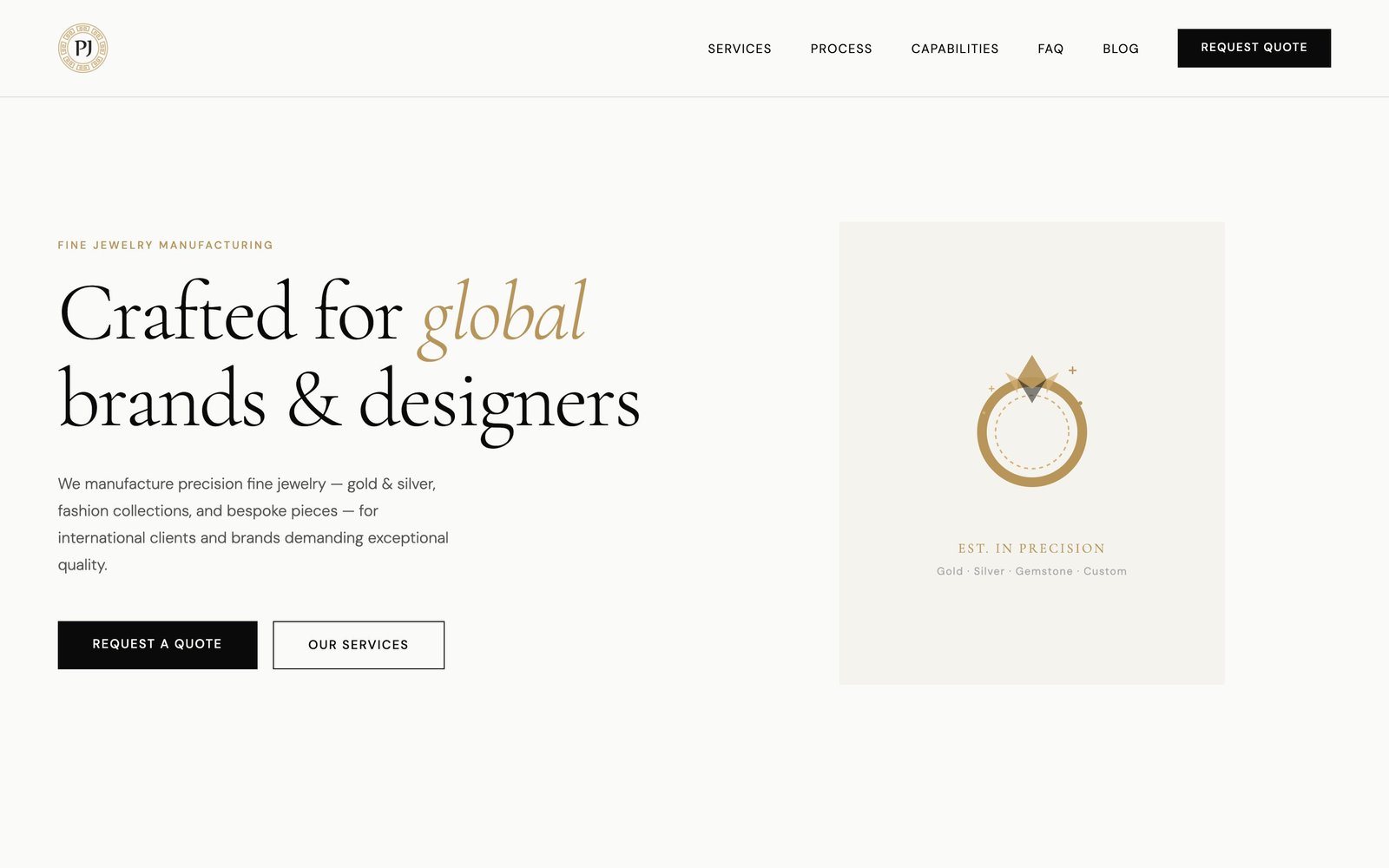 Param Jewellery home page with the headline Crafted for global brands & designers