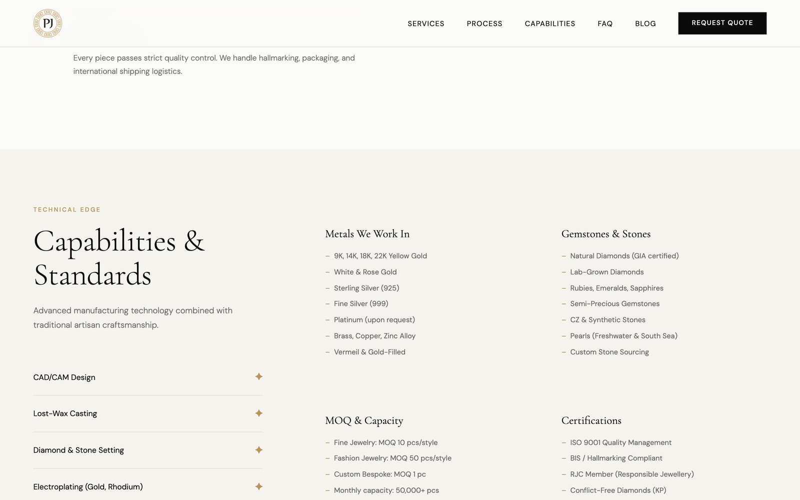 Capabilities and Standards section listing metals, gemstones, MOQ and certifications