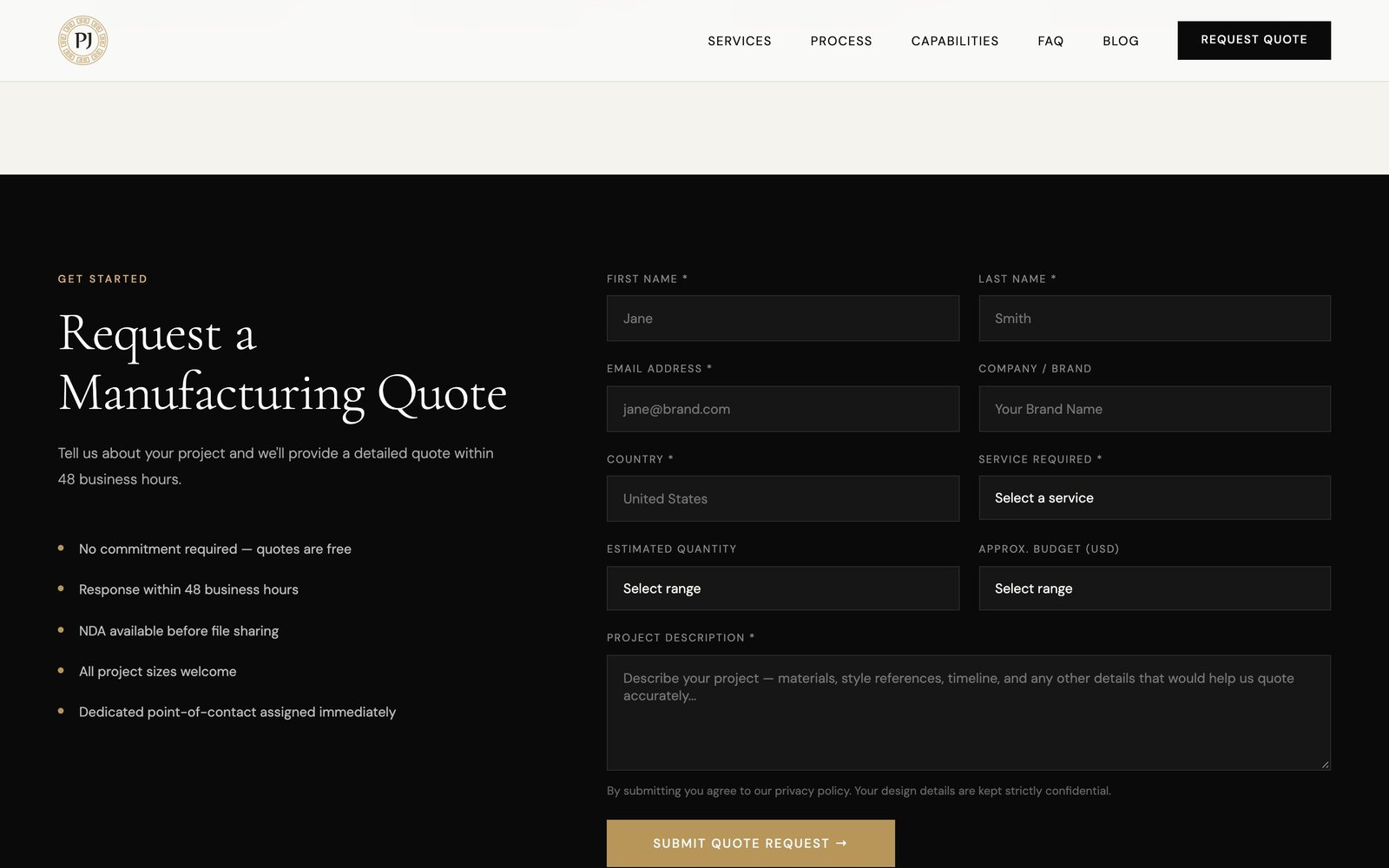 Dark Request a Manufacturing Quote form