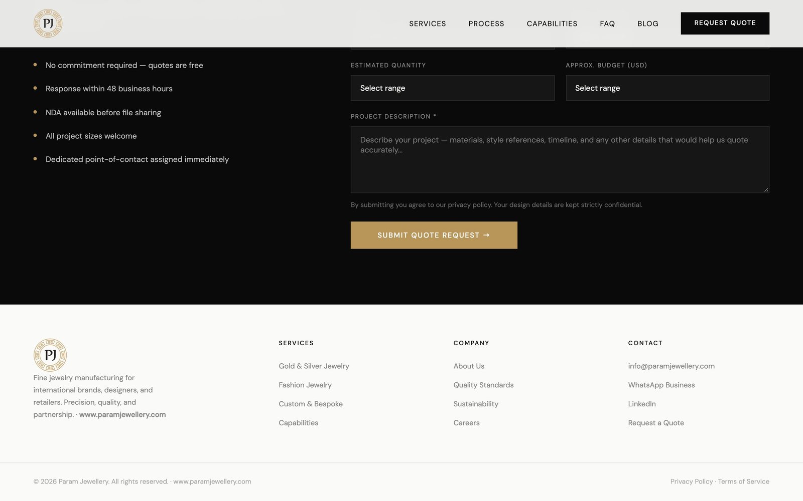 Website footer with the PJ monogram and contact links