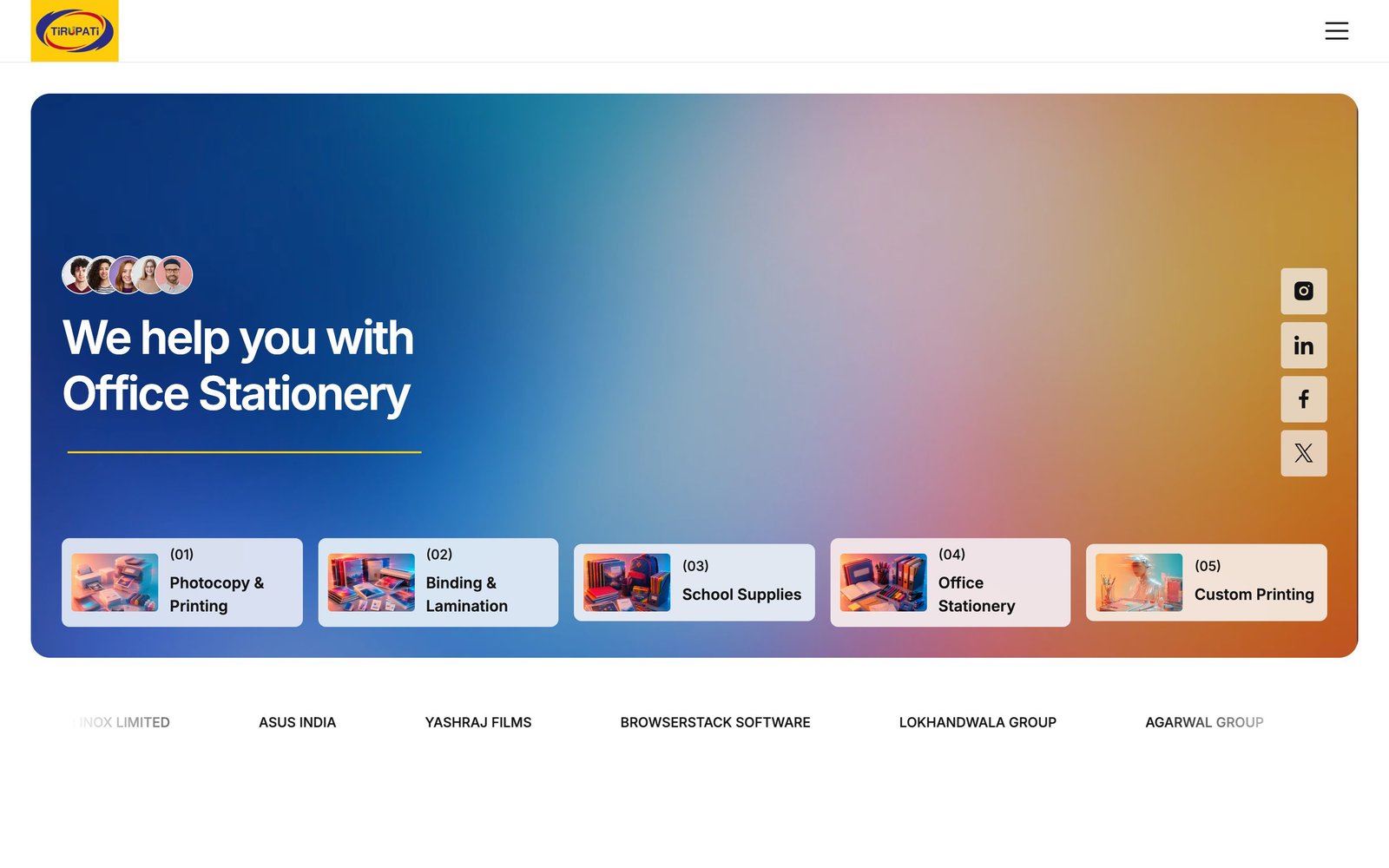 Tirupati home page hero with the headline We help you with Office Stationery