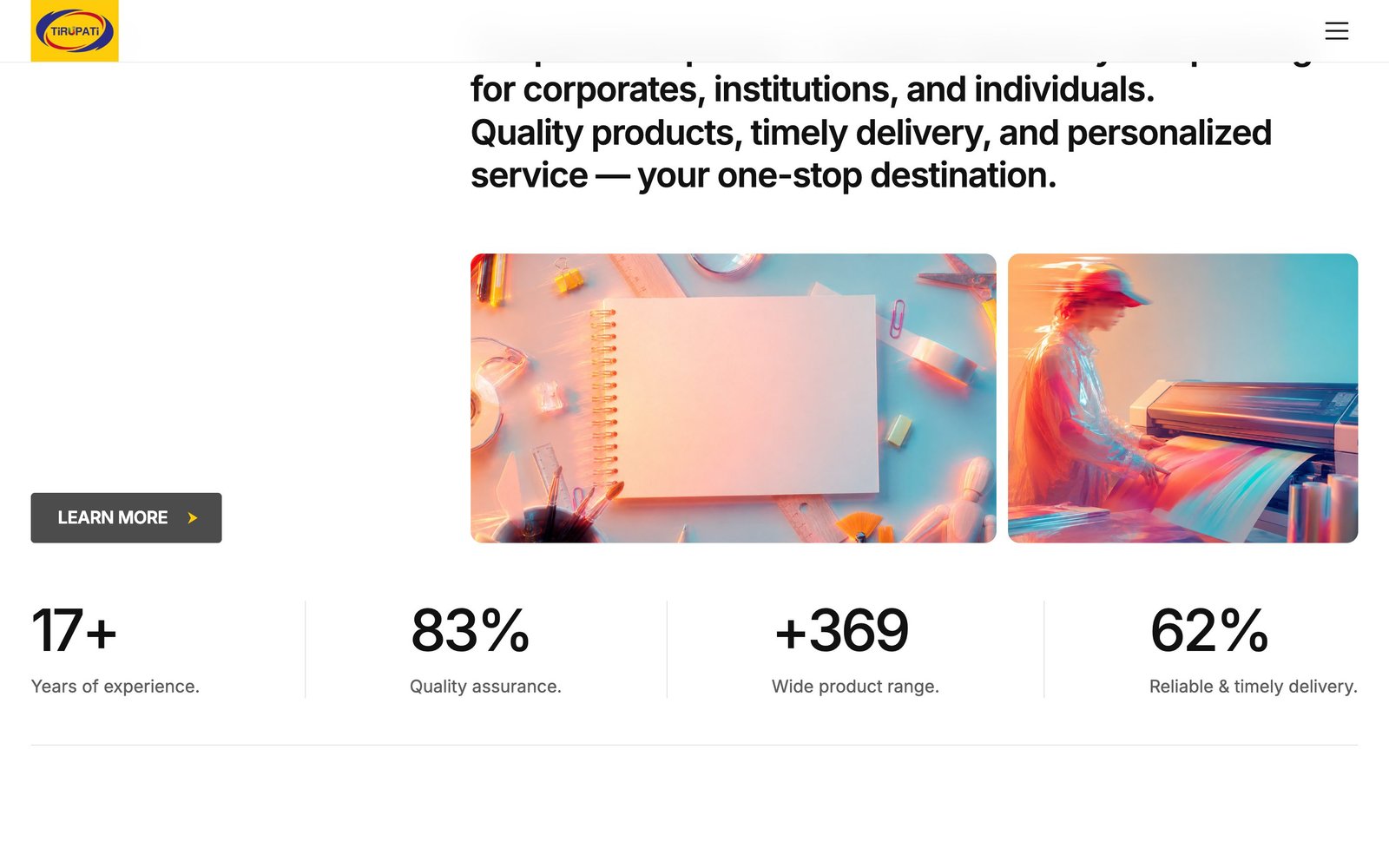 About section with printing illustrations and experience stats