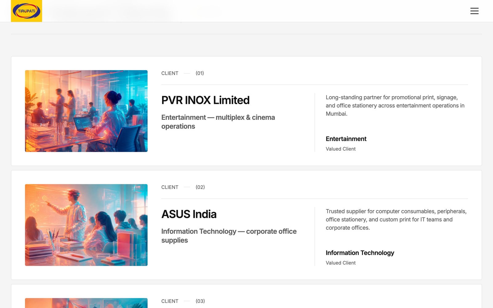 Our Valued Clients section featuring PVR INOX and ASUS India